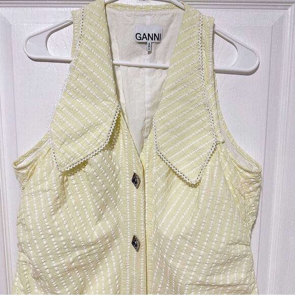 Ganni Seersucker Stripe Midi Dress Stripe Flan Size 14 Yellow - Picture 7 of 16